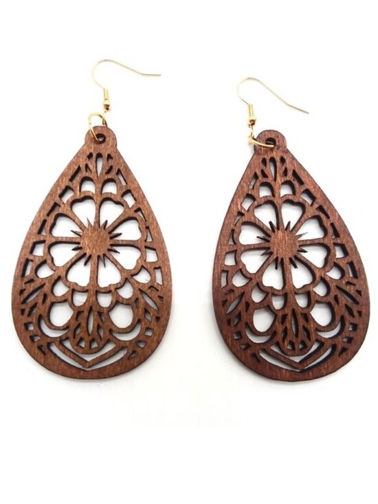 Wooden Earrings Ornate Jewelry - Earrings Wood Flower Large Hollow Cut Dangle Boho Hippie Trendy Stylish Ornate